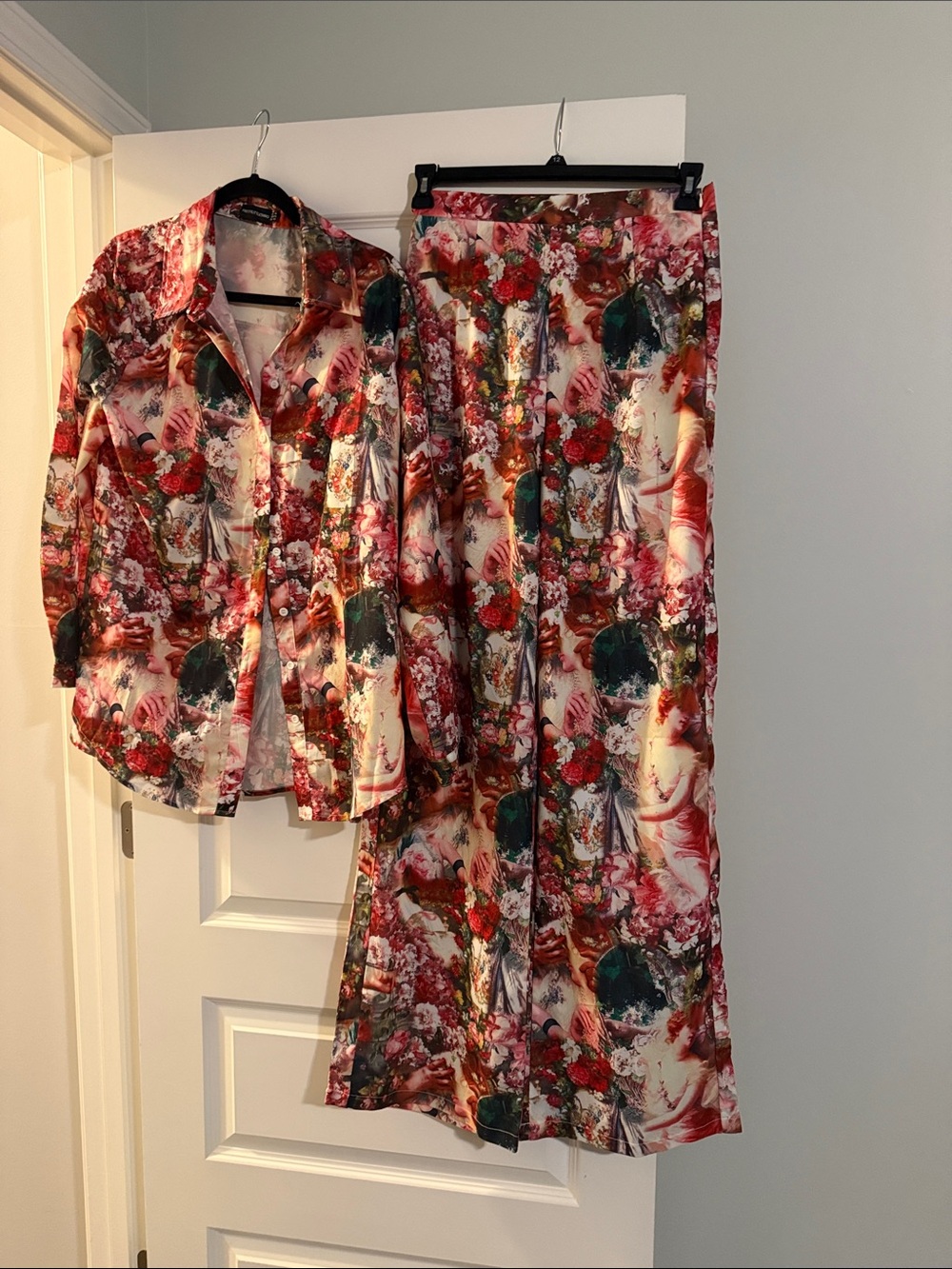 PrettyLittleThing Floral Satin Shirt & Wide Leg Pants in Red, Green and Pink